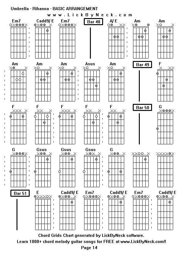 Chord Grids Chart of chord melody fingerstyle guitar song-Umbrella - Rihanna - BASIC ARRANGEMENT,generated by LickByNeck software.